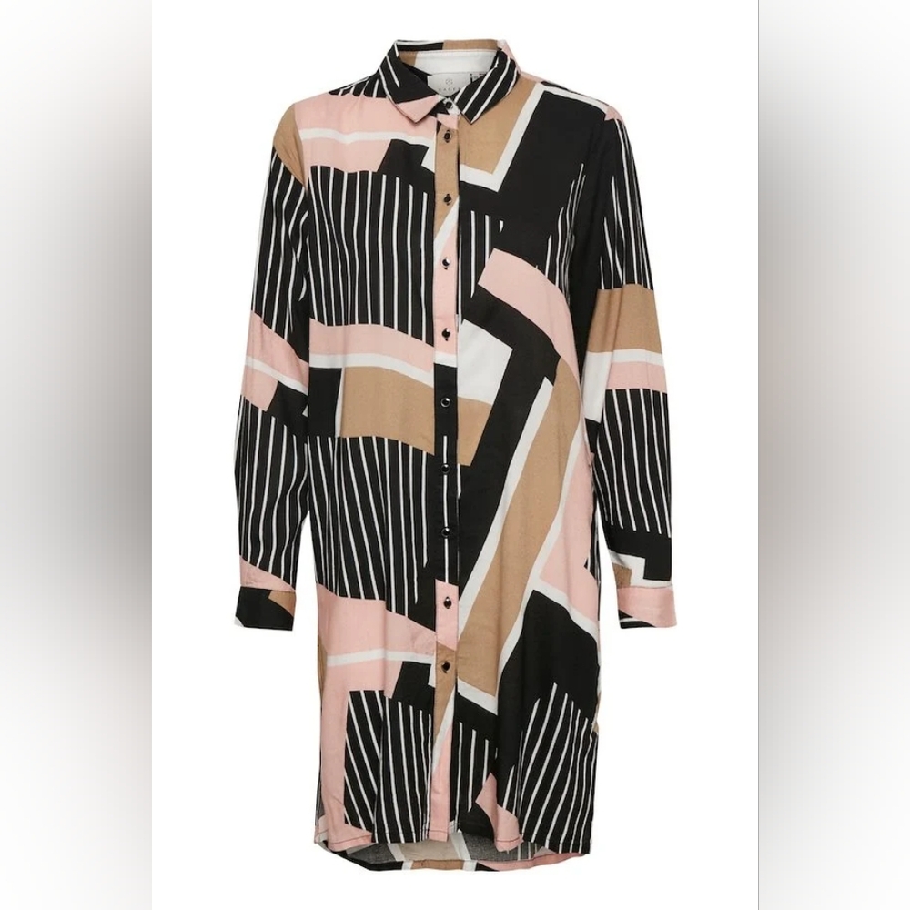 KAFFE KAverena SHIRT DRESS Geometric Print Long Sleeve Button Down Womens 34 - Picture 2 of 11